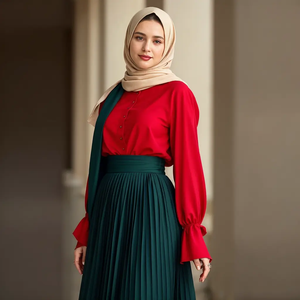 امرأة ترتدي حجابًا بيجياً مع بلوزة حمراء وتنورة خضراء طويلة، في تنسيق أنيق يعكس موضة المحجبات لعام 2025.