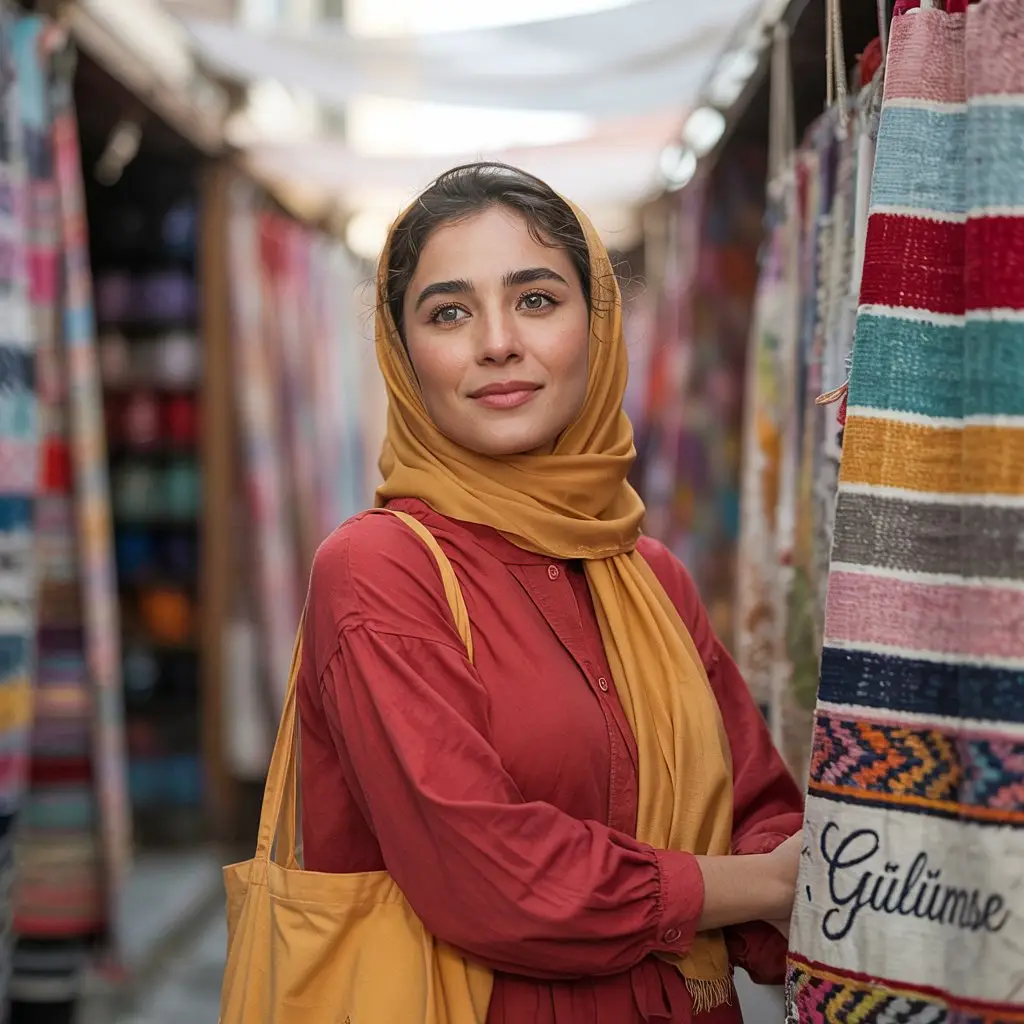 امرأة ترتدي حجابًا بلون الخردل مع فستان محتشم أحمر، تتجول في سوق تقليدي مليء بالأقمشة الملونة.