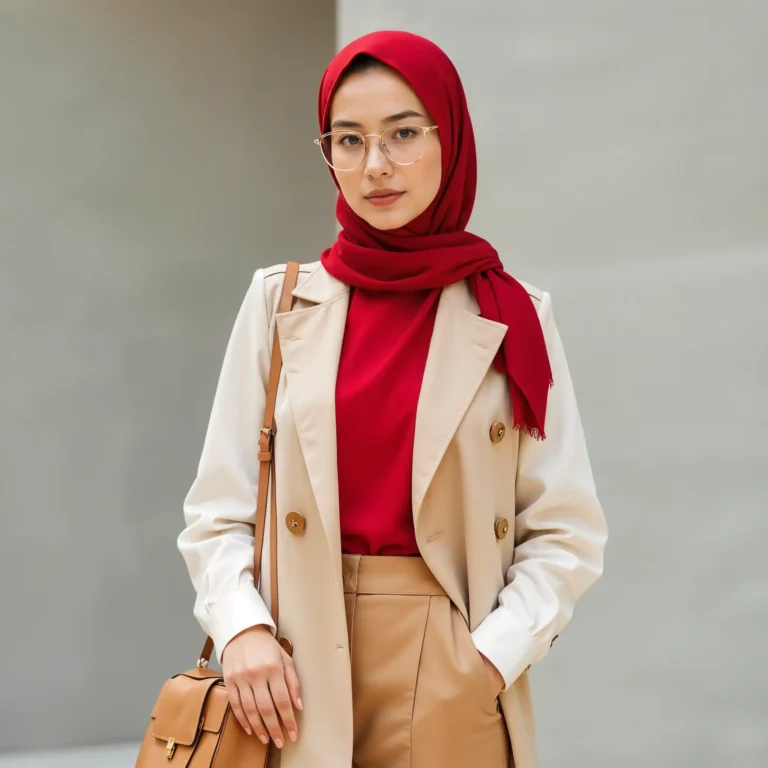 امرأة ترتدي حجابًا أحمر وقميصًا داخليًا من نفس اللون مع معطف بيج وبنطال كراميل، وتضع نظارات أنيقة، في إطلالة محجبة عصرية وأنيقة.