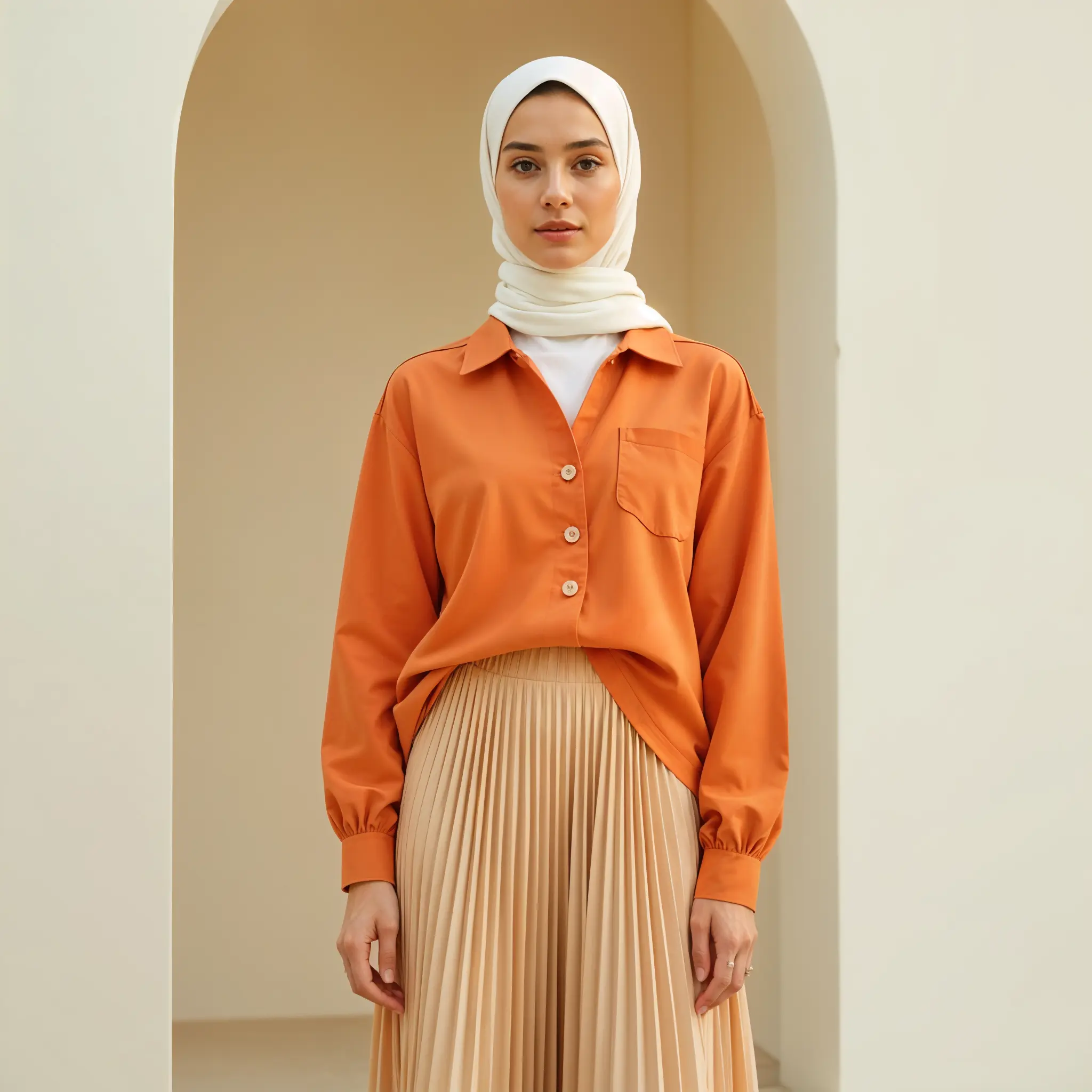إطلالة أنيقة تُبرز تنسيق اللون البرتقالي للمحجبات، بقميص برتقالي ناعم، وتنورة بيج بطيات ناعمة، مع حجاب أبيض بسيط يكمّل توازن الألوان.
